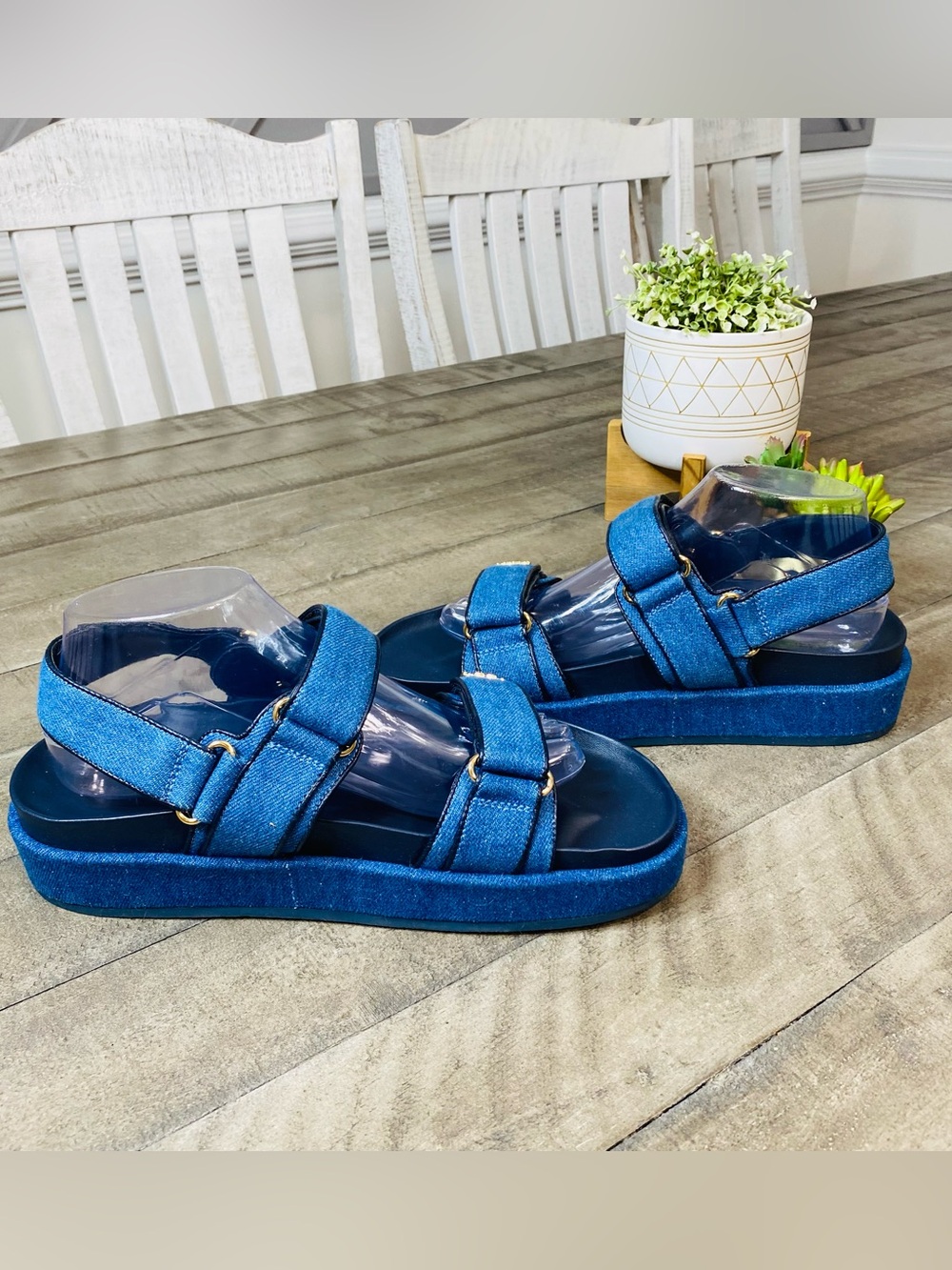 Tory Burch Kira Sport Sandal Denim Blue Platform Logo Strappy Women's Size 10.5 - Picture 5 of 8